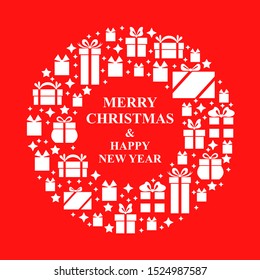 Vector illustrations of Christmas greeting card with a round frame from gifts on red background