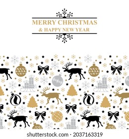 Vector illustrations of Christmas greeting card with deer, fir and gifts