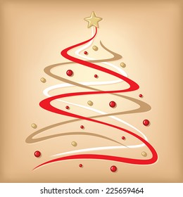 Vector illustrations of Christmas greeting card with stylized fir tree decorated red and gold balls and star on beige background