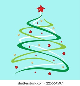 Vector illustrations of Christmas greeting card with stylized fir tree decorated red and gold balls and red star on blue background