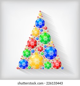 Vector illustrations of Christmas greeting card with stylized fir tree of multicolor balls decorated snowflakes with shadow on grey background