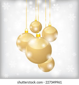 Vector illustrations of Christmas greeting card with golden balls and snowflakes on grey background