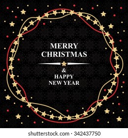 Vector illustrations of Christmas greeting card with garlands of gold and red beads on dark background