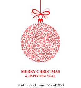Vector illustrations of Christmas greeting card with snowflakes ball decorated bow