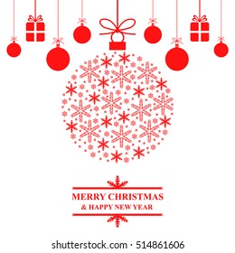 Vector illustrations of Christmas greeting card with hang snowball, baubles and gifts