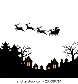 Vector illustrations of Christmas greeting with Santa on a reindeer sleigh flies above the ground, home, trees