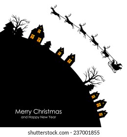 Vector illustrations of Christmas greeting with Santa on a reindeer sleigh flies above the Earth, home, trees, fir