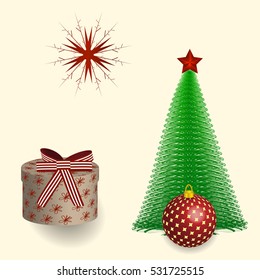 Vector illustrations Christmas and New Year attributes - a star on the spruce, a gift under the fir and festive ball in the red