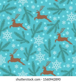 Vector illustrations of Christmas pattern seamless with deer, fir branches and snowflakes