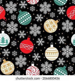Vector illustrations of Christmas pattern seamless with decorative baubles balls and snowflakes