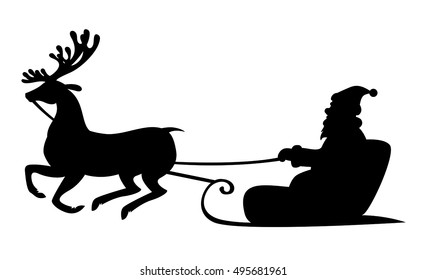 Vector illustrations of Christmas silhouette of Santa Claus riding on reindeer sleigh isolated on white background