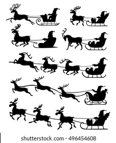 Vector illustrations of Christmas silhouette of Santa Claus riding on reindeer sleigh set icon isolated on white background