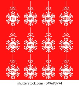 Vector illustrations of Christmas snowflakes set with discounts on red background