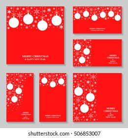 Vector illustrations of Christmas white snowflakes and ball on red background card and banner set
