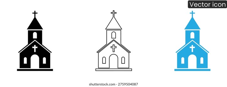 Vector illustrations of church buildings in three styles, ideal for religious or architectural themes