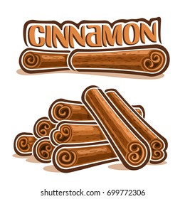 Vector illustrations for Cinnamon spice, brown roll sticks of culinary condiment, heap of group cooking indian quills, ingredient for baking dessert, label with title text - cinnamon on white.