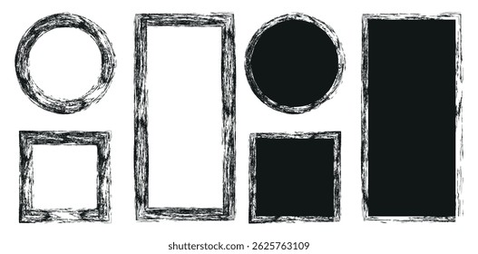  Ilustrações vetoriais de círculo, quadrado e retângulo com bordas texturizadas desenhadas com pincel. Coleção Paintbrush. Elementos de design Grunge. . Conjunto de pincel de círculo grunge.