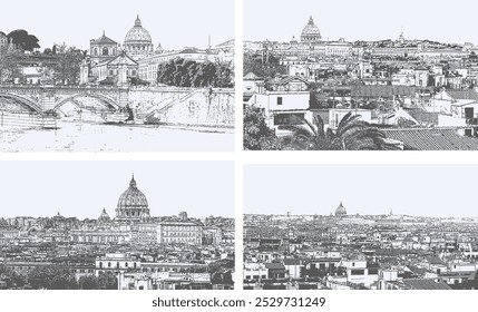 Ilustraciones vectoriales de la ciudad de Roma con la famosa Catedral de San Pablo, vista superior de la capital de Italia, Lugares famosos arquitectónicos, palacios, edificios, techos 