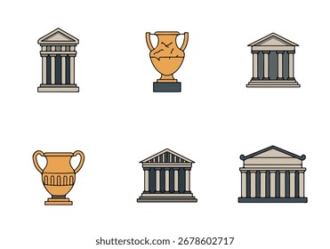 Ilustrações vetoriais de edifícios clássicos e ícones gregos antigos de cerâmica.