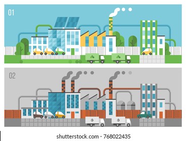 Vector illustrations - clean factory and polluted factory