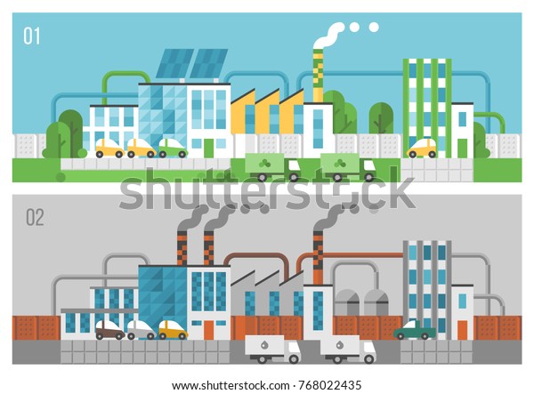 Vector
illustrations - clean factory and polluted
factory