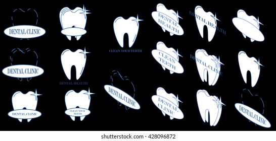 Vector illustrations of clean teeth, set of dental logotype on black background