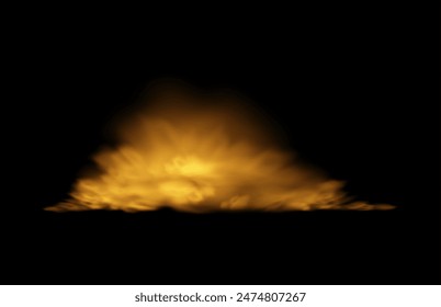 Vektorillustrationen mit dicken Nebelwolken und Rauch in Gelb-Orangetönen auf schwarzem Hintergrund, ideal für Halloween Horrorszenen und magische Bilder.
