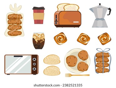 Vector illustrations of coffee, cookies, toast, cartoons, delicious food, and drinks. Collection of baked goods isolated on a white background.