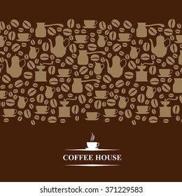 Vector illustrations of Coffee house horizontal card on brown background