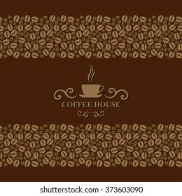 Vector illustrations of Coffee house ornamental card on brown background