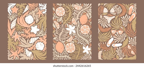 Vector illustrations collection with abstract summer beach prints in pastel colors isolated on brown background. Modern design templates for poster, invitation, brochure, card, wallpaper