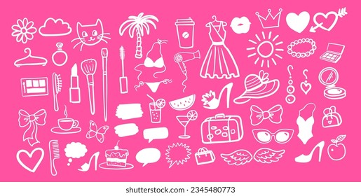 Vector illustrations collection of beauty and fashion isolated doodles on pink background