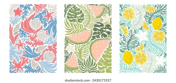 Vector illustrations collection with colorful abstract summer prints isolated on white background. Modern design templates for poster print, invitation, brochure, card, wallpaper