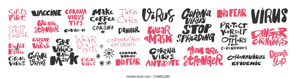 Vector illustrations collection of corona virus on white background with cartoon lettering. Sticker for social media content. Pop art comic style.