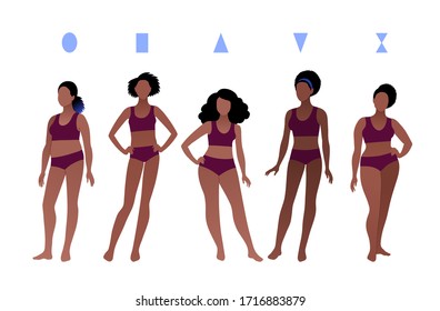 Vector illustrations collection of female body types african american characters isolated on white background.