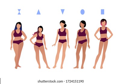 Vector illustrations collection of female body types characters isolated on white background.