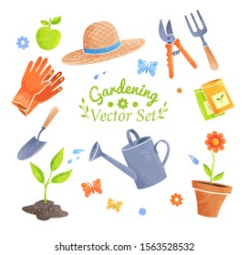 Vector illustrations collection of gardening items isolated on white background.