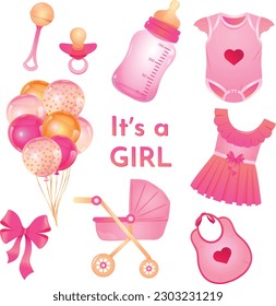 Vector illustrations collection for gender party. It's a girl stickerpak. Cards for girl, little princess, gender reveal baby shower, birthday