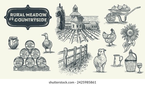 Vector illustrations collection. Goose, chicken, milk jug, sunflower, wine barrels, cart with harvest, pumpkins, lamb and a countryside farm. Charm of rural life vintage concept