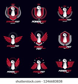 Vector illustrations collection made using raised fist of active strong person, eagle wings, laurel wreath and different graphic elements. Boxing association logos.