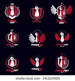 Vector illustrations collection made using raised fist of active strong person, eagle wings, laurel wreath and different graphic elements. Boxing association logos.