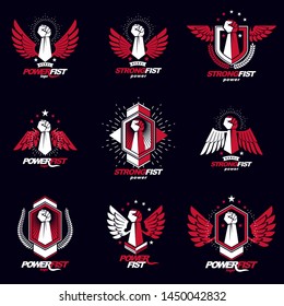 Vector illustrations collection made using raised fist of active strong person, eagle wings, laurel wreath and different graphic elements. Boxing association logos.