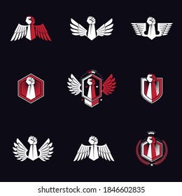Vector illustrations collection made using raised fist of active strong person, eagle wings, laurel wreath and different graphic elements. Boxing association logos.