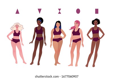Vector illustrations collection of multiethnic characters female body types isolated on white background.