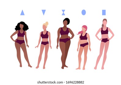 Vector illustrations collection of multiethnic characters body-positive female body types isolated on white background.