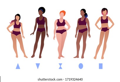Vector illustrations collection of multiethnic characters body-positive female body types isolated on white background.