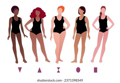 Vector illustrations collection of multiethnic characters body-positive female body types