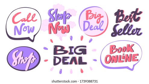 Vector Illustrationen Sammlung auf weißem Hintergrund mit Cartoon-Schrift. Aufkleber für Social-Media-Inhalte. Pop Art Comic Stil. Jetzt anrufen, Jetzt kaufen, Big Deal, Bester Verkäufer, online buchen