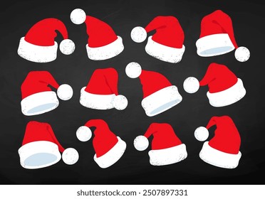 Vector illustrations collection of Santa Hats on chalkboard background