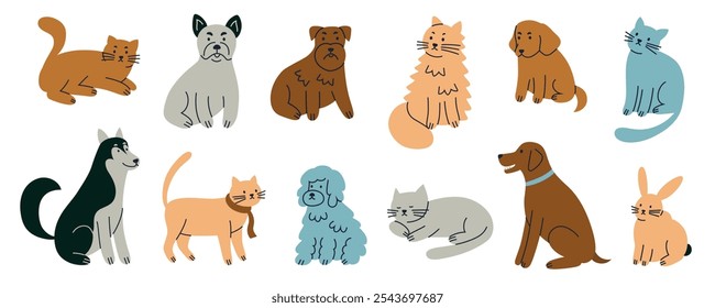 Vector illustrations collection of various pets, cute cats, dogs, and rabbit, in flat cartoon style. Domestic animals set deal for pet related designs, vet clinic icons, playful decor